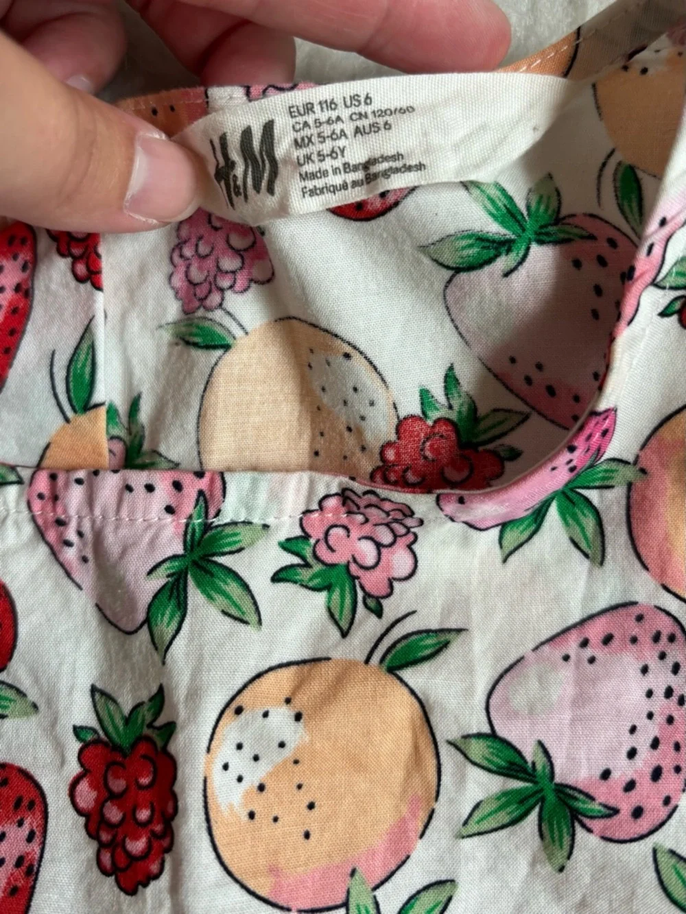 H&M Girls White Cotton Cottagecore Dress with Pink, Red & Peach Fruit AOP